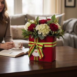 Christmas Present Flower Vase W/Santa Tag FTD Red/Green EUC